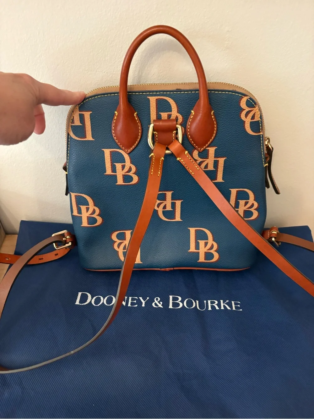 Dooney & Bourke Blue Backpack with Tan Monogram Accents w/ Dust Bag